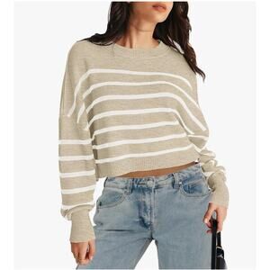 MEROKEETY Women's Long Sleeve Crew Neck Striped Crop Sweater